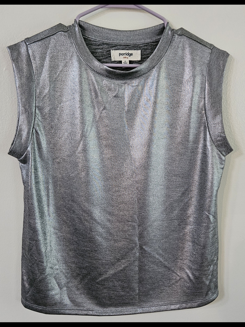 Anthropology Porridge Metallic Silver Sleeveless Top. Shiny Glam Top, Statement.
